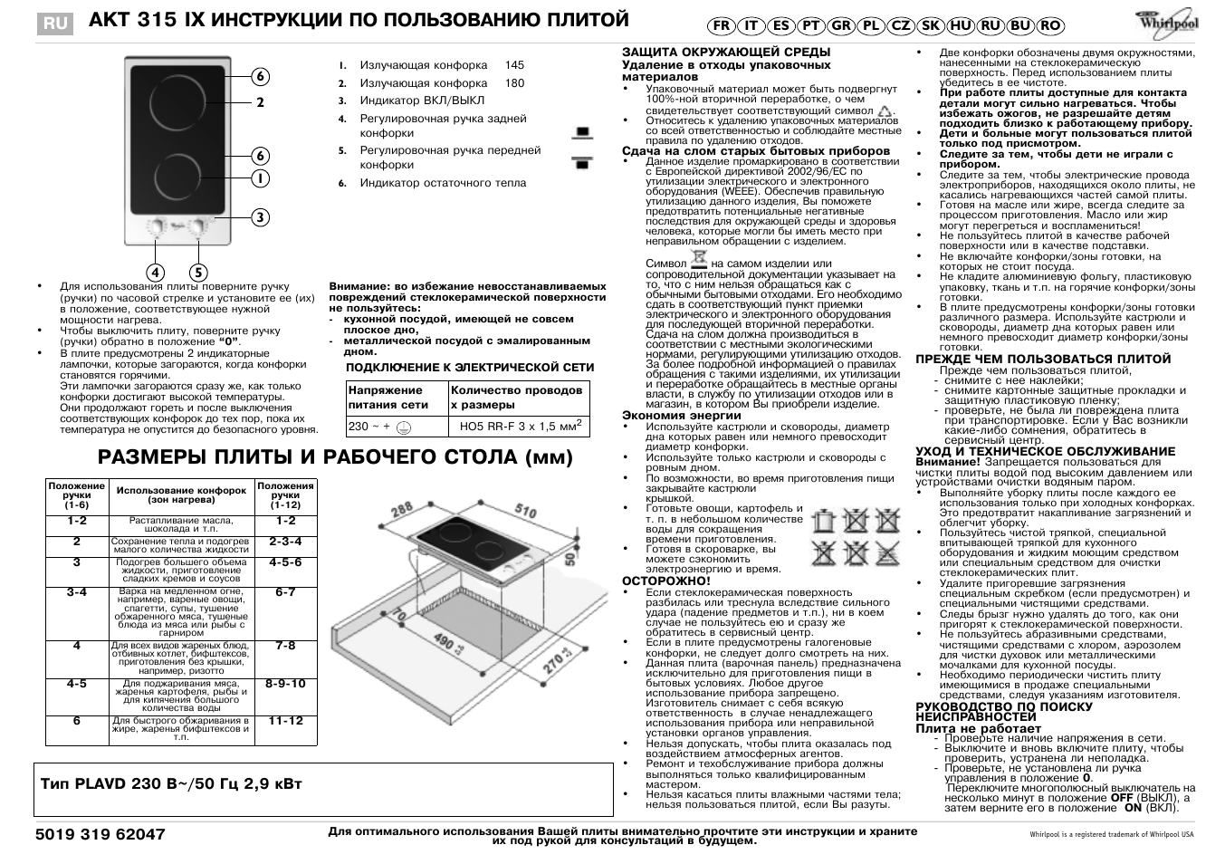 Инструкция по эксплуатации Whirlpool AKT 315 X | 2 страницы