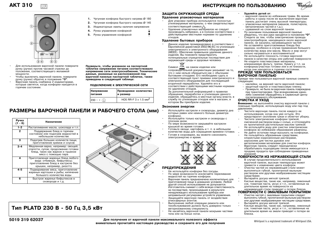 Инструкция по эксплуатации Whirlpool AKT 310 X | 2 страницы