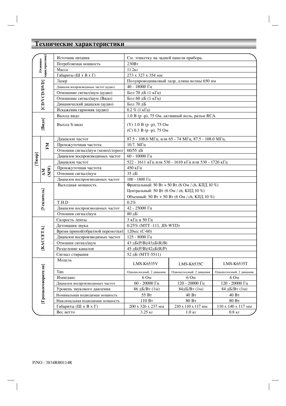 Технические характеристики | Инструкция по эксплуатации LG LM-K6535Q | Страница 34 / 34