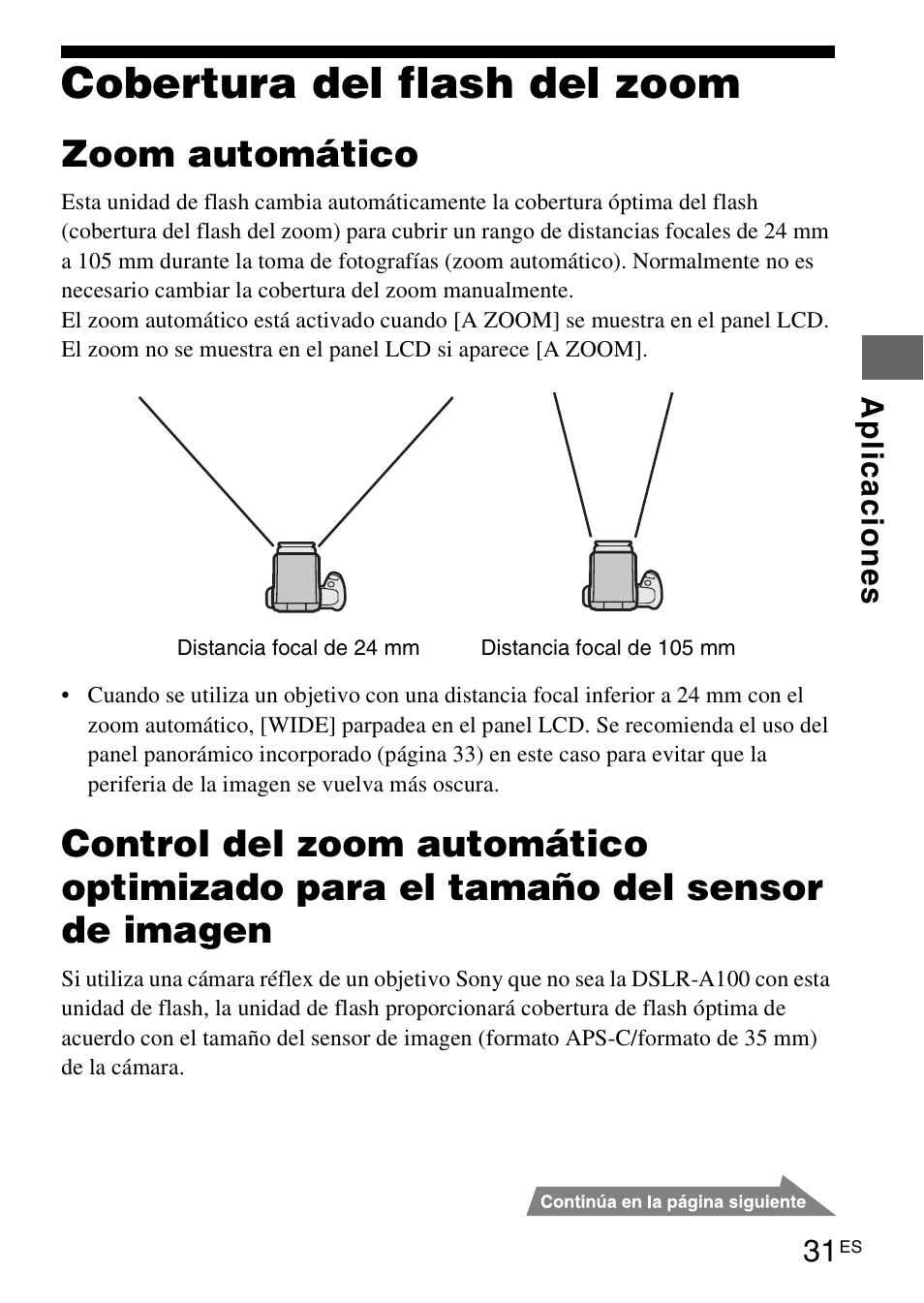 Cobertura del flash del zoom, Na 31, Zoom automático | Инструкция по эксплуатации Sony HVL-F58AM | Страница 31 / 339