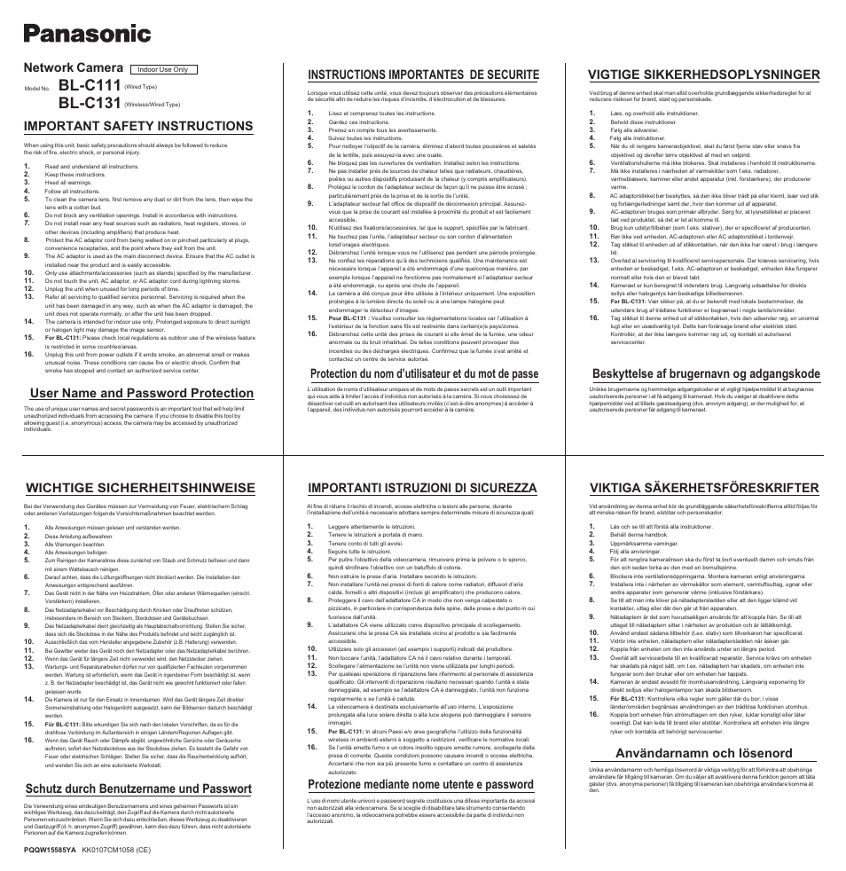 Инструкция по эксплуатации Panasonic BL-C111 | 2 страницы