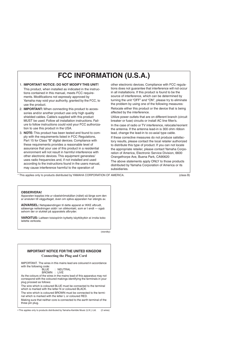 Fcc information (u.s.a.) | Инструкция по эксплуатации Yamaha YDP-S30 | Страница 47 / 49