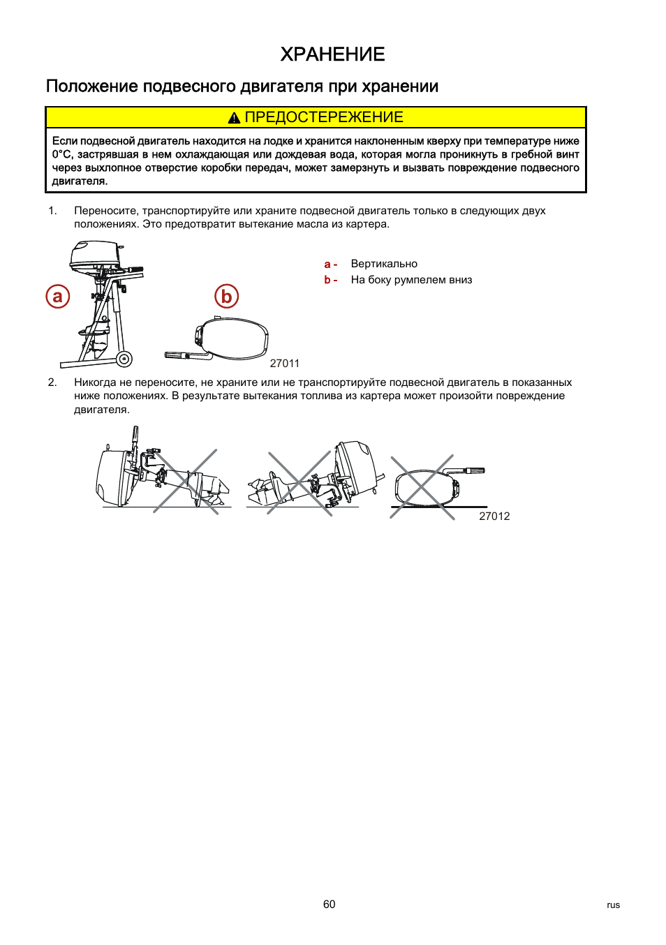 Положение подвесного двигателя при хранении, Хранение, Ab a b | Инструкция по эксплуатации Mercury F 5 M | Страница 68 / 71