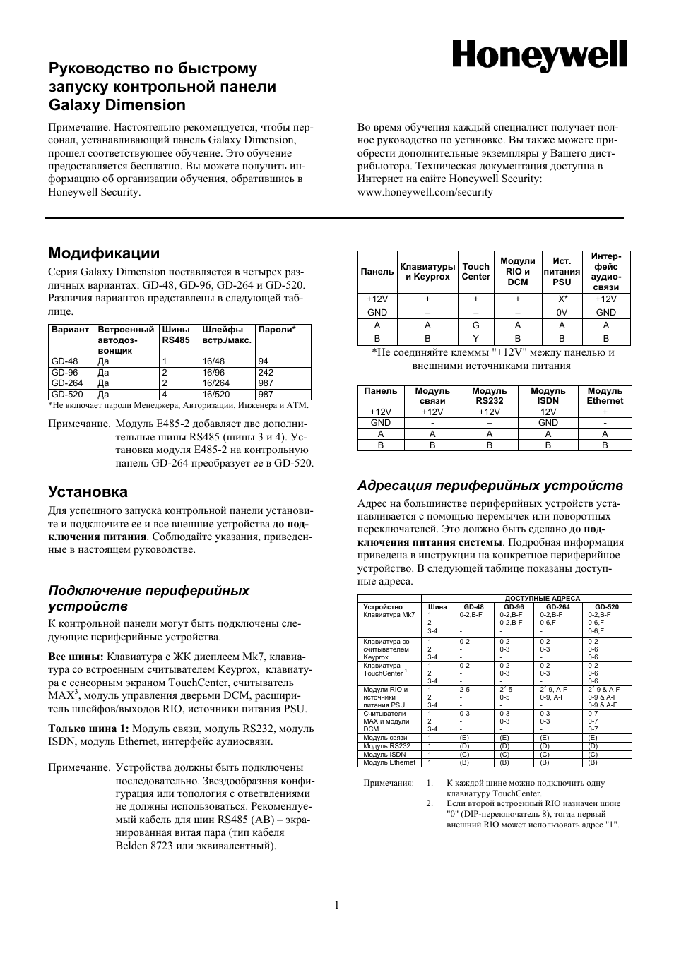Инструкция по эксплуатации Honeywell Руководство по быстрому запуску Galaxy Dimension | 6 страниц