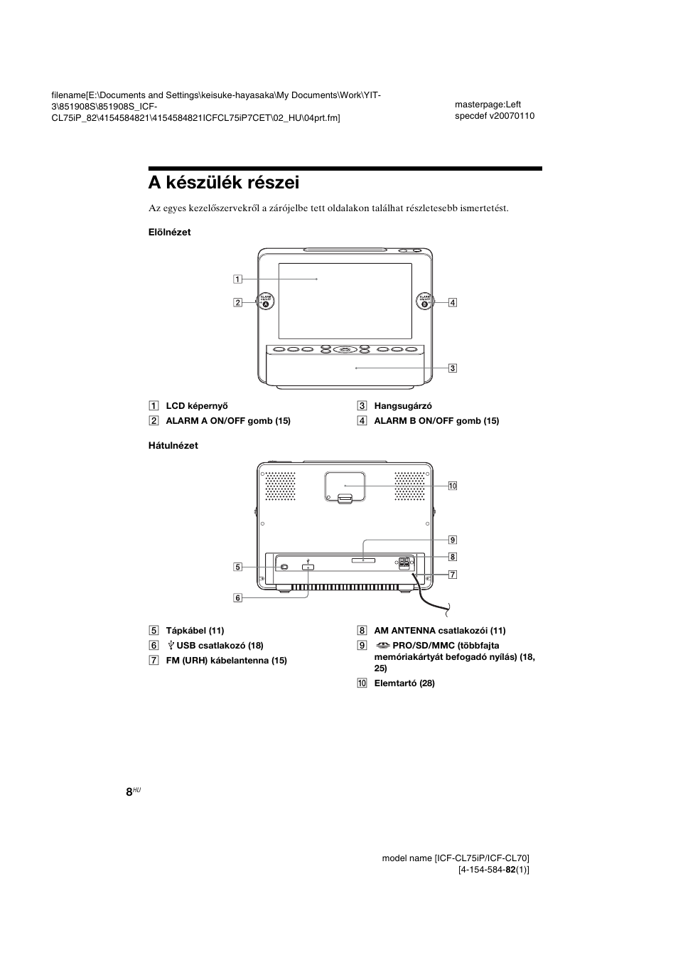A készülék részei, Atóság (8 | Инструкция по эксплуатации Sony ICF-CL70 | Страница 38 / 64