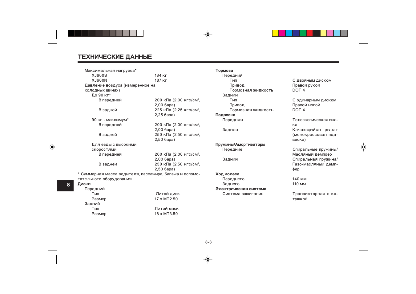 Технические данные | Инструкция по эксплуатации Yamaha XJ600S Diversion (2003) | Страница 94 / 104