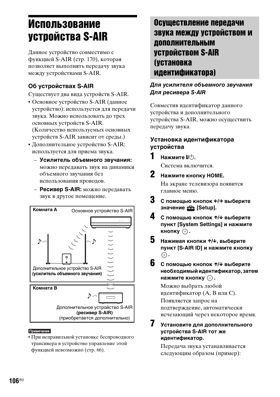 Использование устройства s-air, Использование устройства, S-air | Инструкция по эксплуатации Sony BDV-IS1000 | Страница 106 / 339