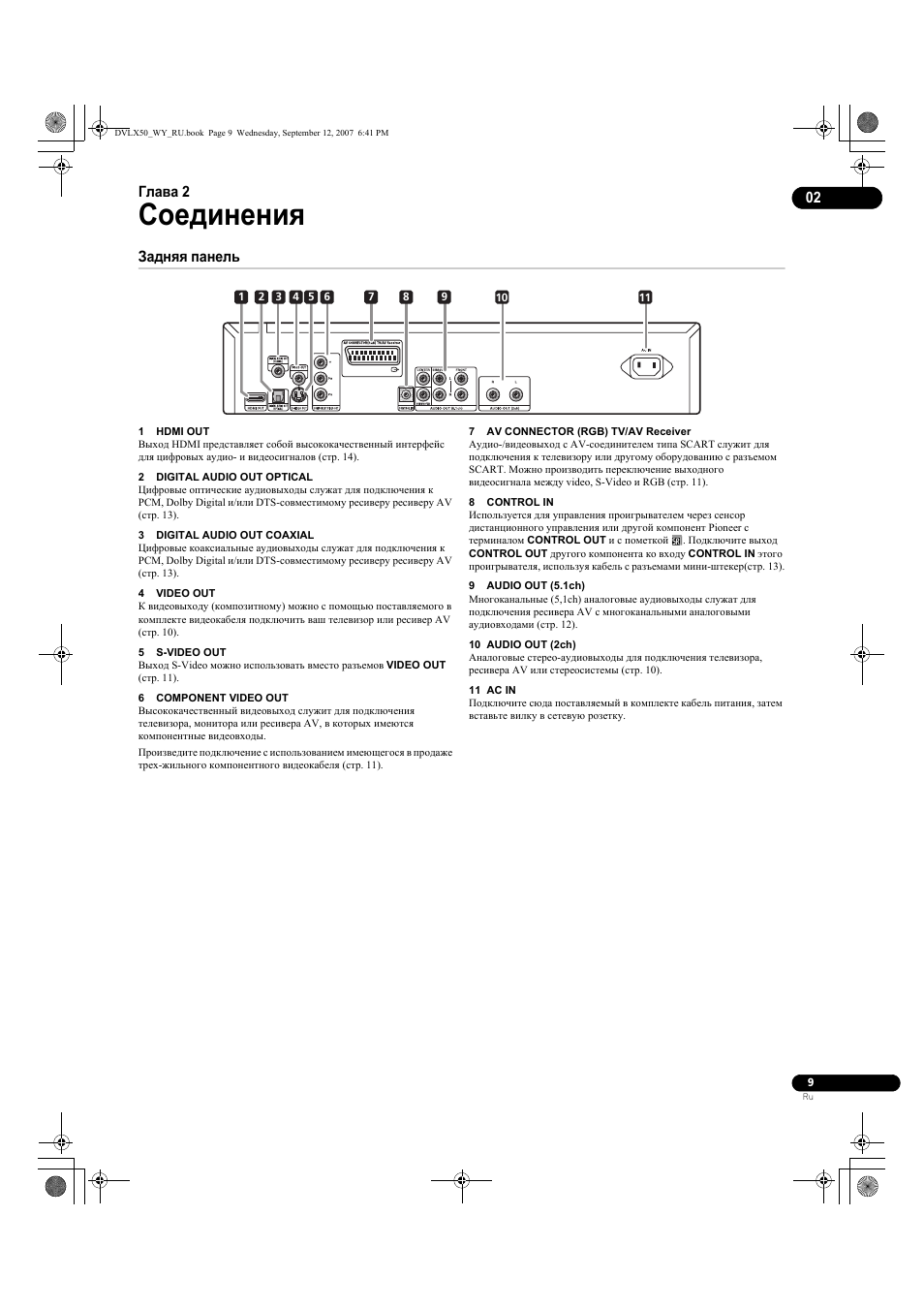02 соединения, Задняя панель, Соединения | Инструкция по эксплуатации Pioneer DV-LX50 | Страница 9 / 48