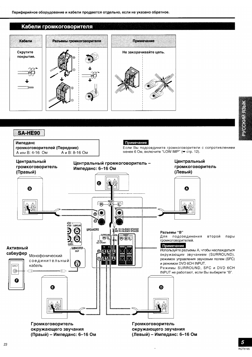 Кабели громкоговорителя, Sa-he90 | Инструкция по эксплуатации Panasonic SA-HE90 | Страница 5 / 19