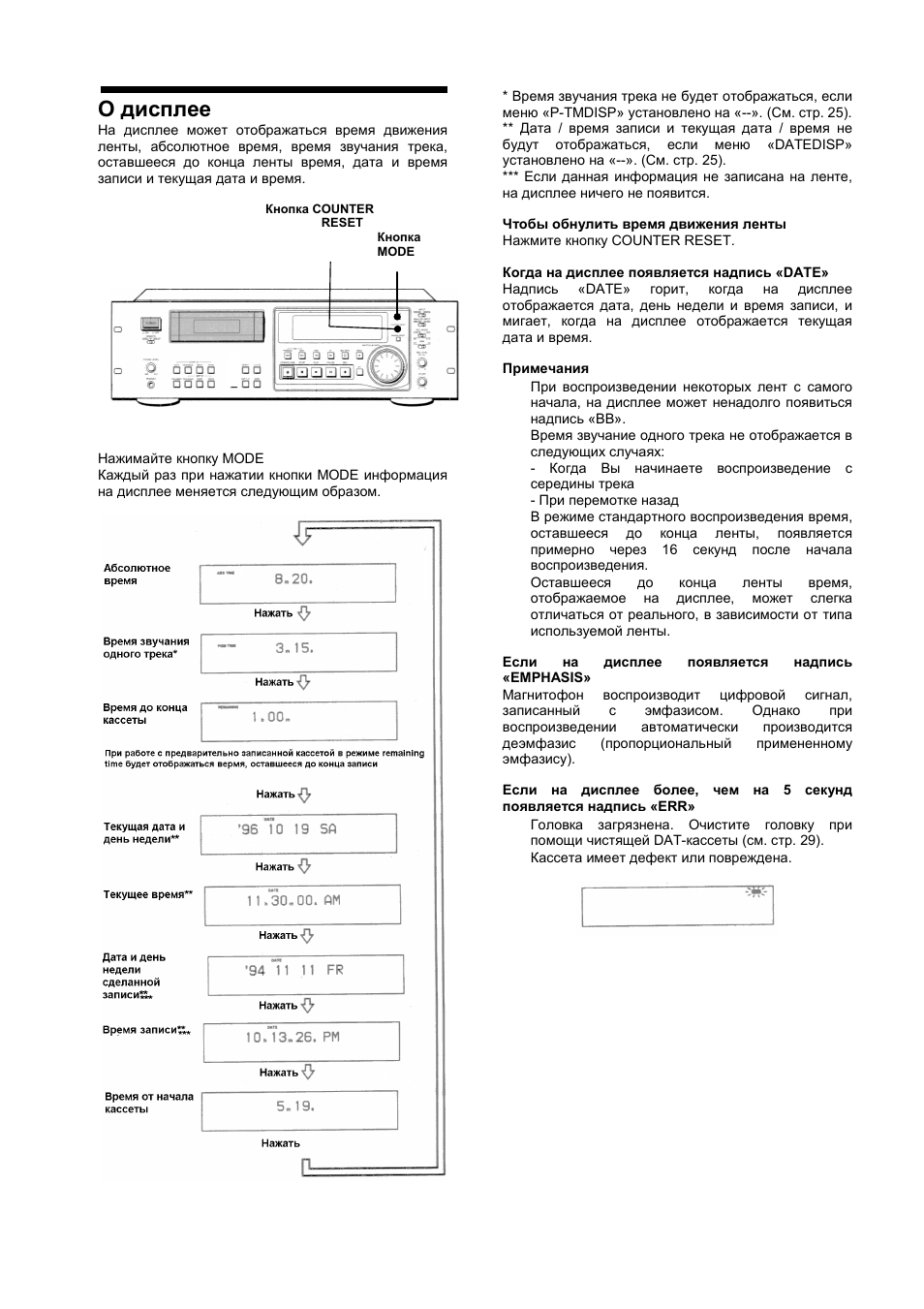 О дисплее | Инструкция по эксплуатации Sony dat_pcm_r500 | Страница 16 / 34