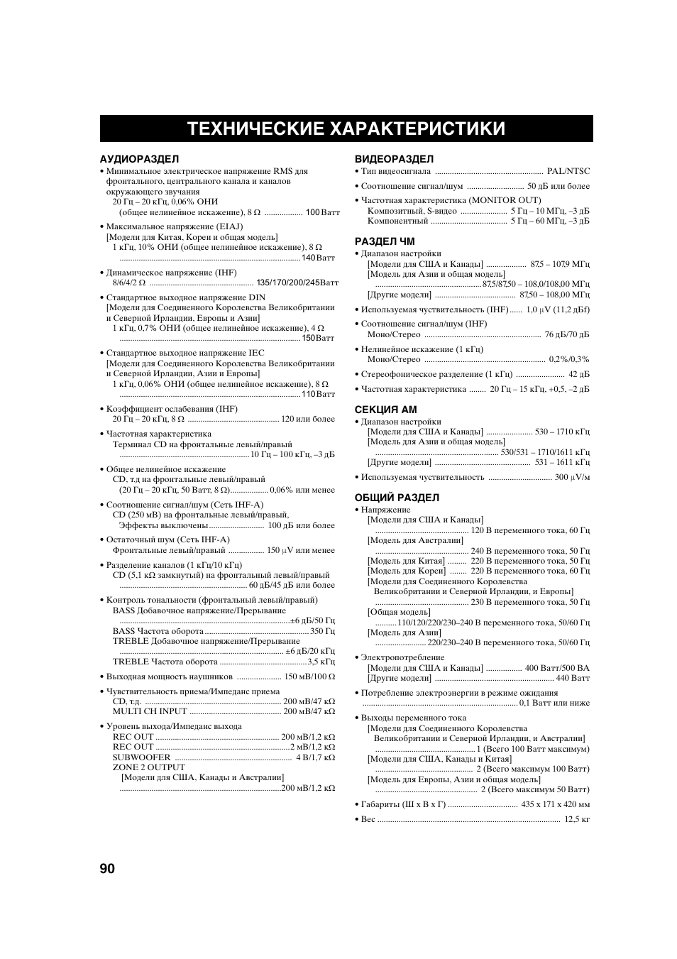 Технические характеристики | Инструкция по эксплуатации Yamaha RX-V757 | Страница 93 / 93