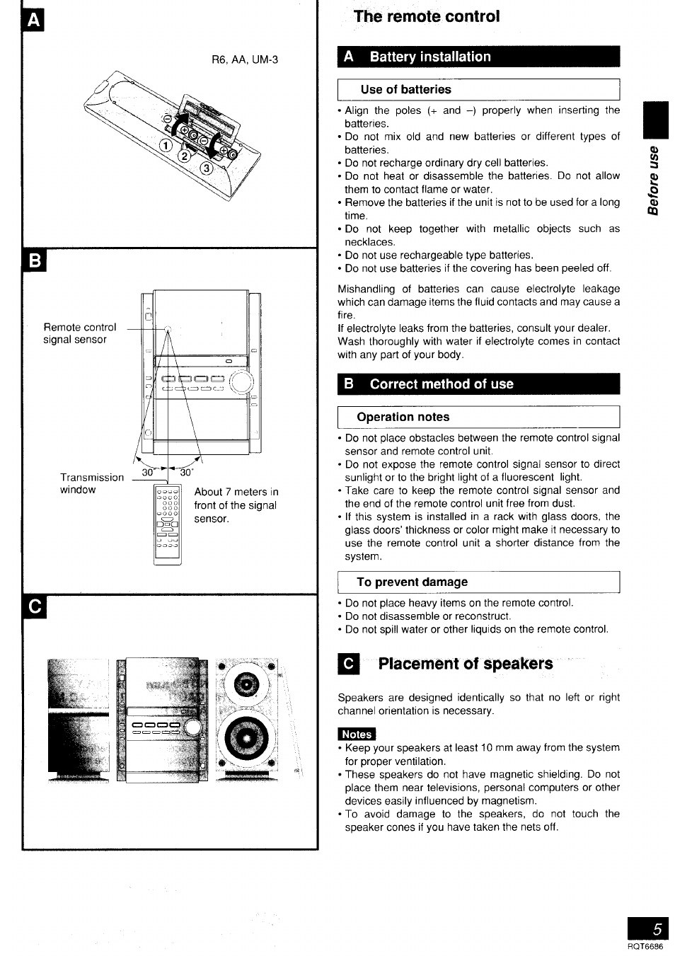 The remote control, A battery installation, Use of batteries | B correct method of use, Operation notes, To prevent damage, Q placement of speakers, Notes, Placement of speakers | Инструкция по эксплуатации Panasonic SC-PM18 | Страница 21 / 44