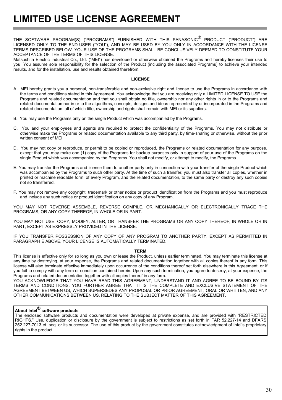 Limited use license agreement | Инструкция по эксплуатации Panasonic CF-30 | Страница 30 / 35
