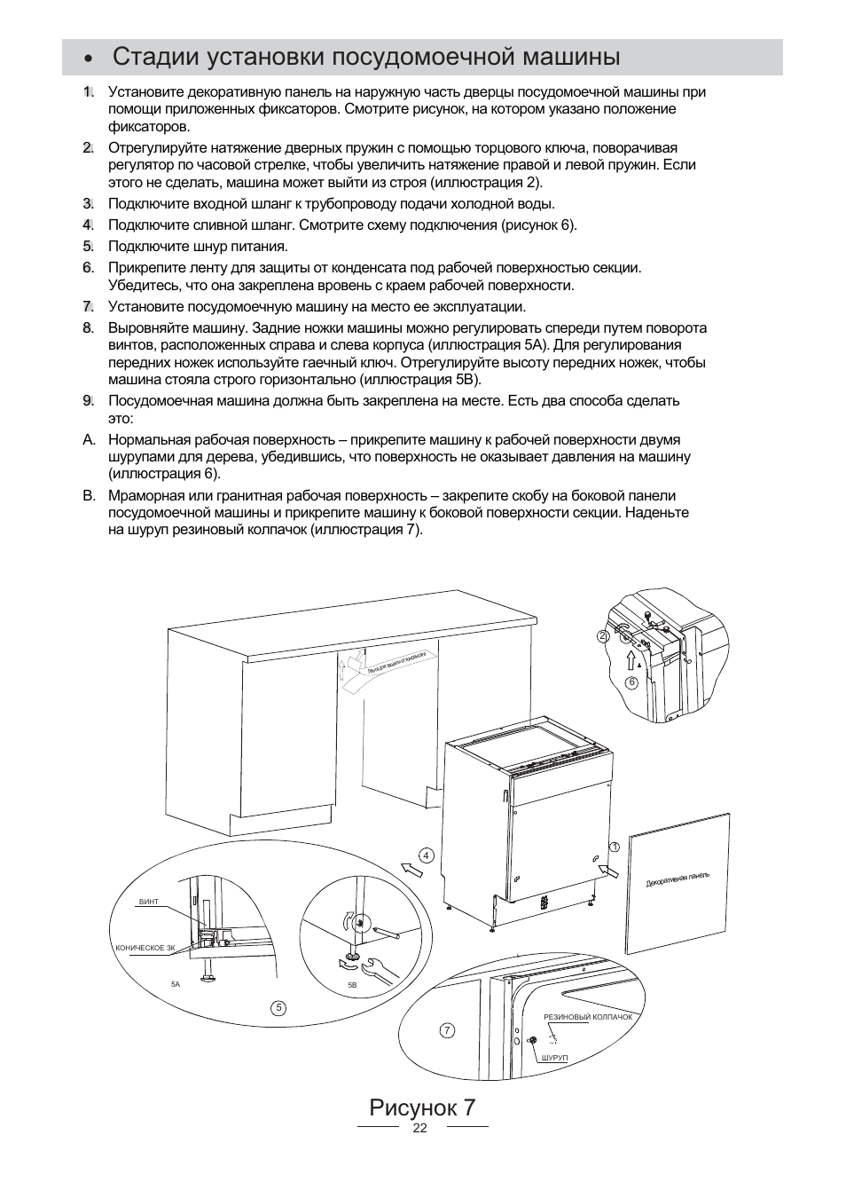 Схема установки посудомоечной машины схема