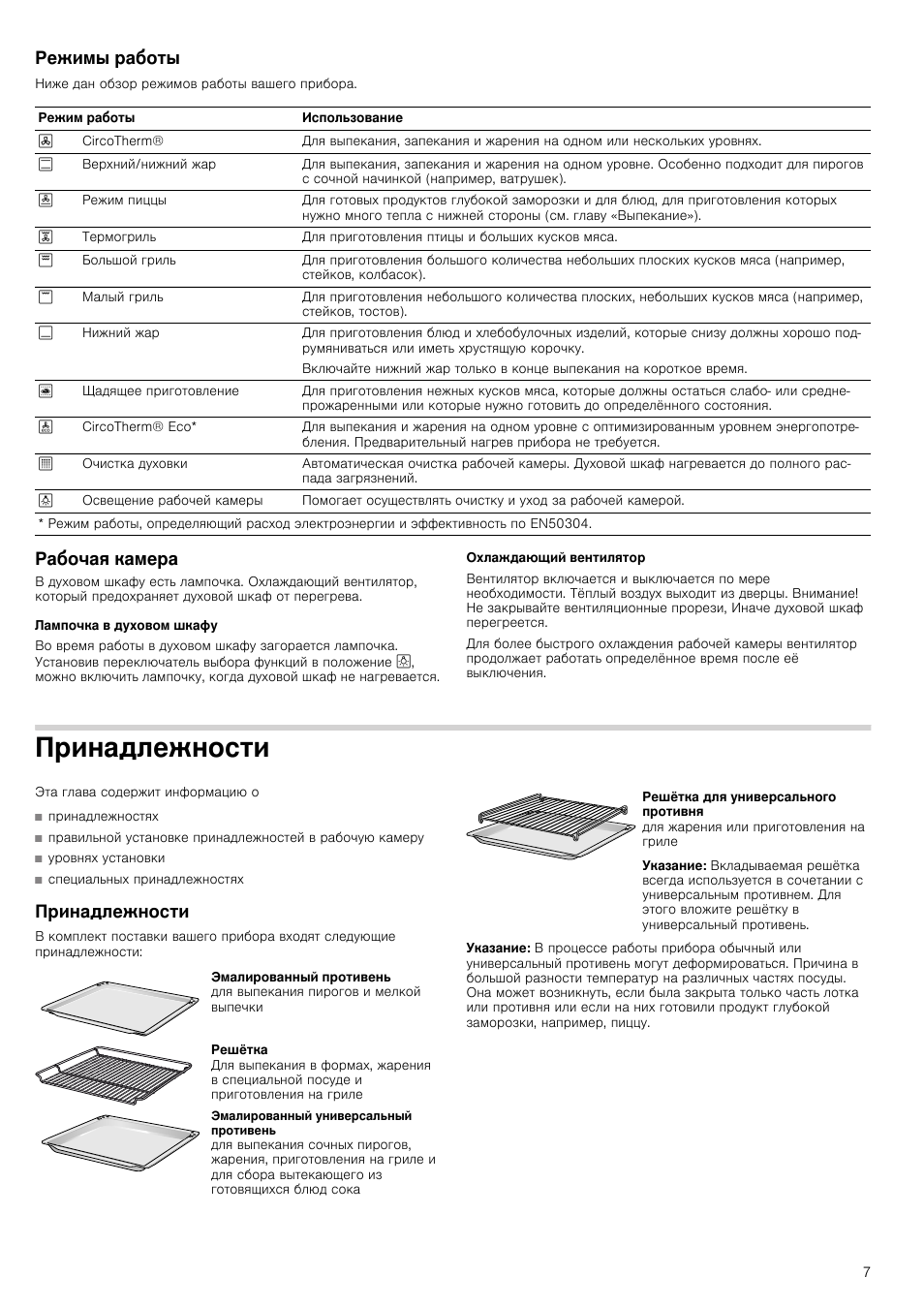 Режимы Работы, Рабочая Камера, Лампочка В Духовом Шкафу.