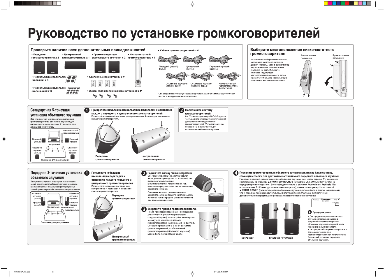 Инструкция по монтажу и эксплуатации. Домашний кинотеатр Pioneer DCS-333. Инструкция по пользованию громкоговорителей. Схема объёмного звучания. Программа для автоматической установки громкоговорителей.