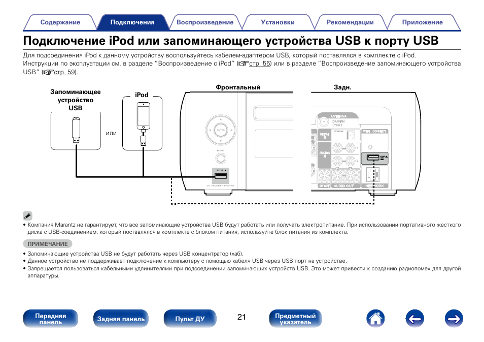 Подключение usb устройств. Marantz m-cr610 пульт. marantz m-cr412 подключение акустики. sv610 подключение. подключить ipod к рнс850.