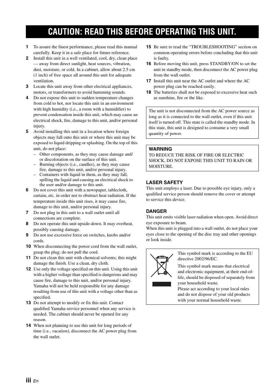 English, Caution: read this before operating this unit | Инструкция по эксплуатации Yamaha DVD-S1800 | Страница 4 / 94
