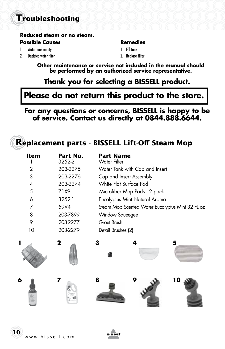 Please do not return this product to the store, Roubleshooting, Eplacement parts - bissell lift-off steam mop | Инструкция по эксплуатации Bissell Паровая швабра 2-в-1 со съемным ручным пароочистителем LIFT-Off STEAM MOP | Страница 10 / 24
