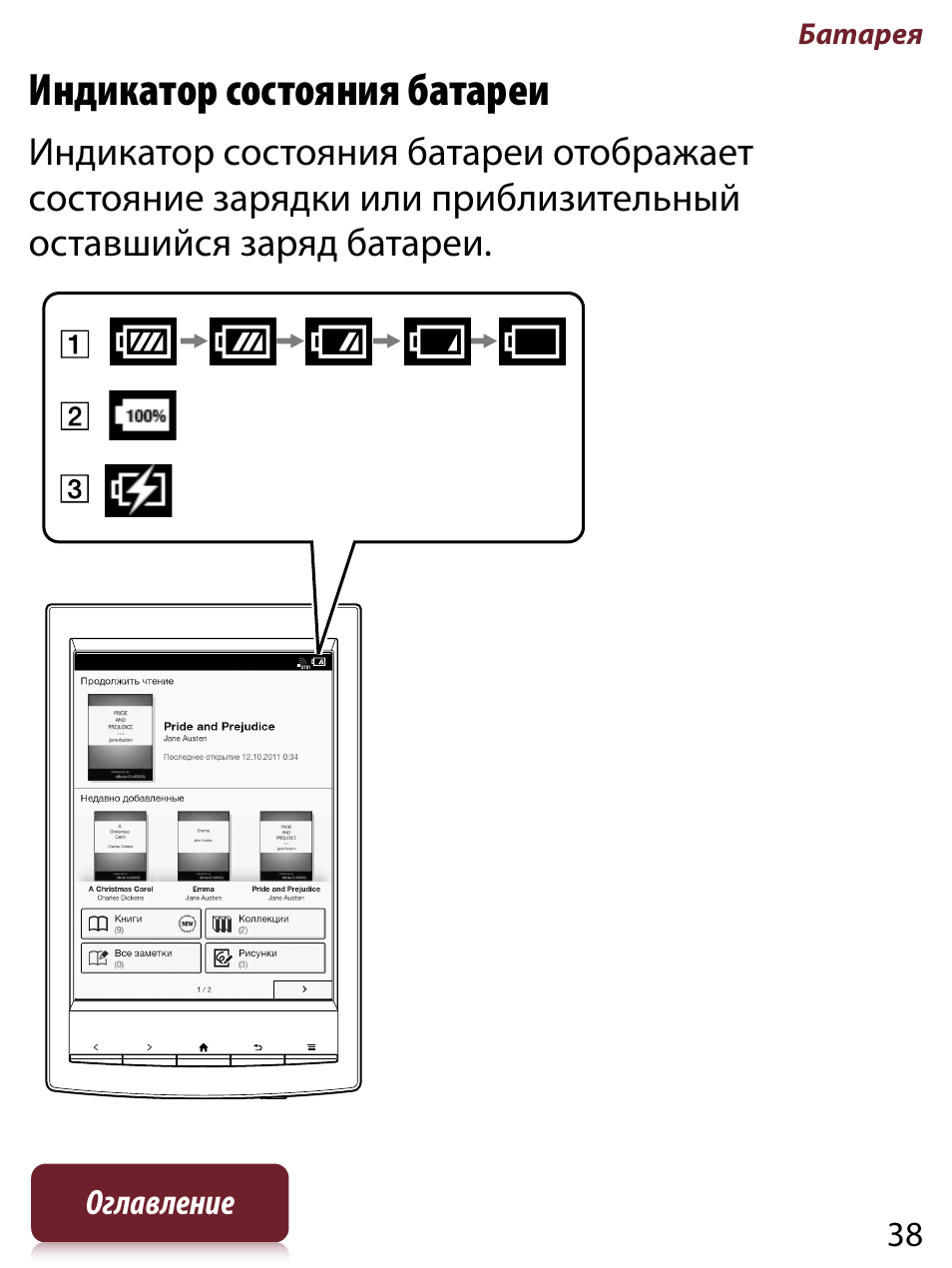 Индикатор состояния батареи | Инструкция по эксплуатации Sony PRS-T1 | Страница 38 / 267
