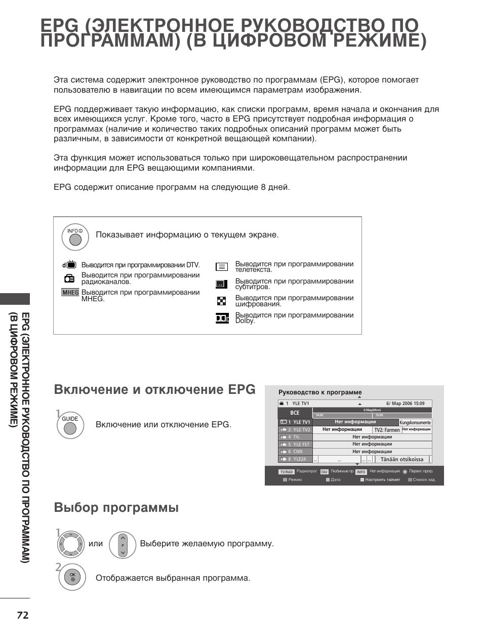 О 5 s о, Включение и отключение epg, Выбор программы | Го ss | Инструкция по эксплуатации LG 42LG7000 | Страница 74 / 134