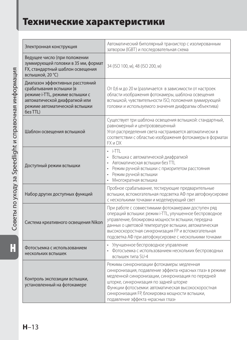 Технические характеристики, H –13 | Инструкция по эксплуатации Nikon SB-910 | Страница 124 / 136