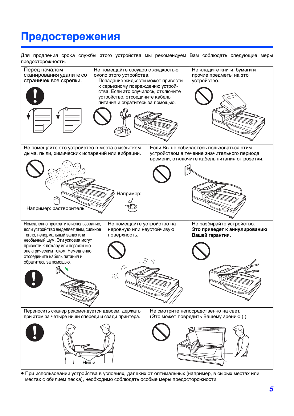 Предостережения | Инструкция по эксплуатации Panasonic KV-S7065C | Страница 5 / 44