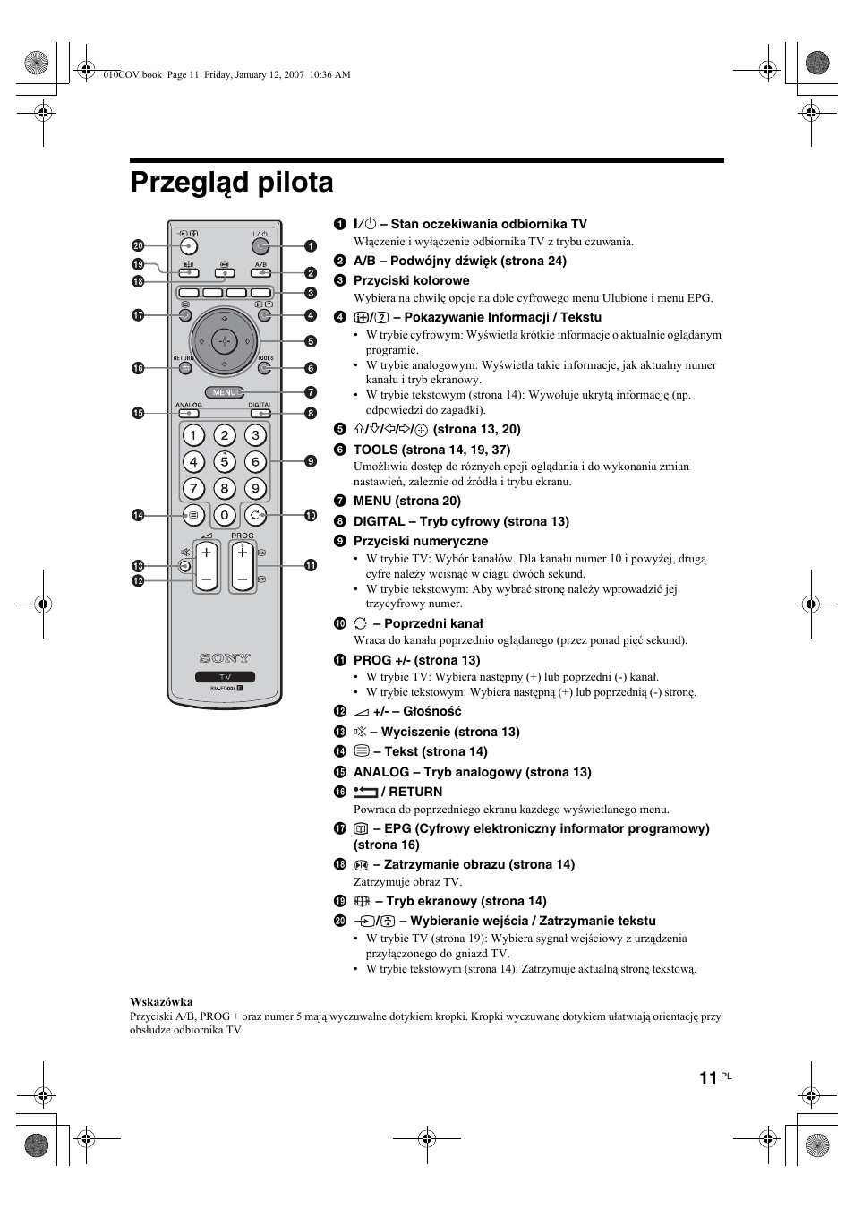 Przegląd pilota | Инструкция по эксплуатации Sony KDL-46V2500 | Страница 185 / 216