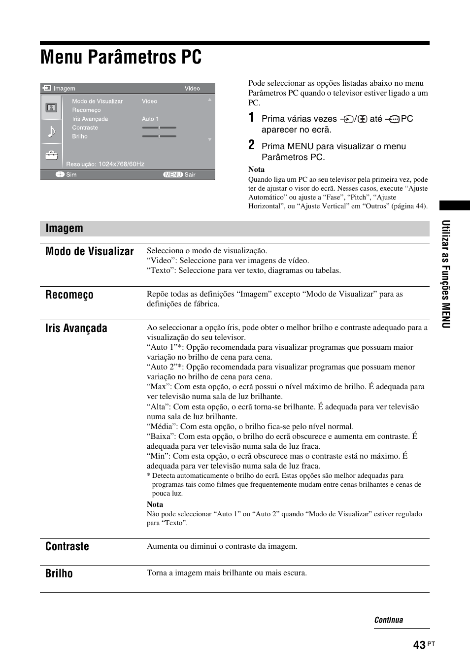Menu parâmetros pc | Инструкция по эксплуатации Sony KDS-70R2000 | Страница 289 / 372
