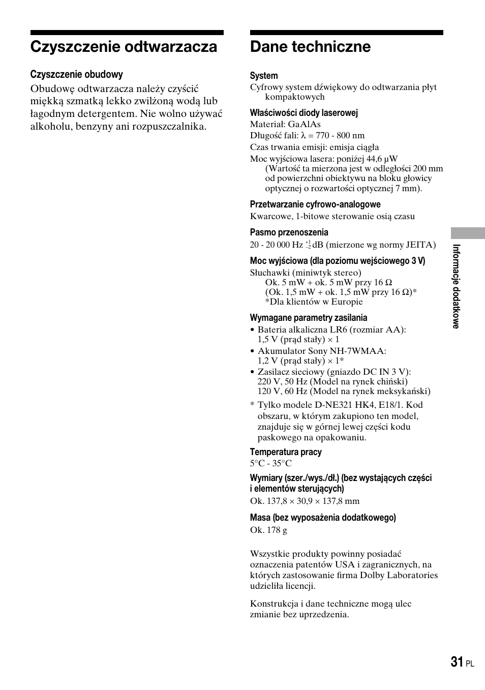 Czyszczenie odtwarzacza, Dane techniczne | Инструкция по эксплуатации Sony D-NE320 | Страница 63 / 100