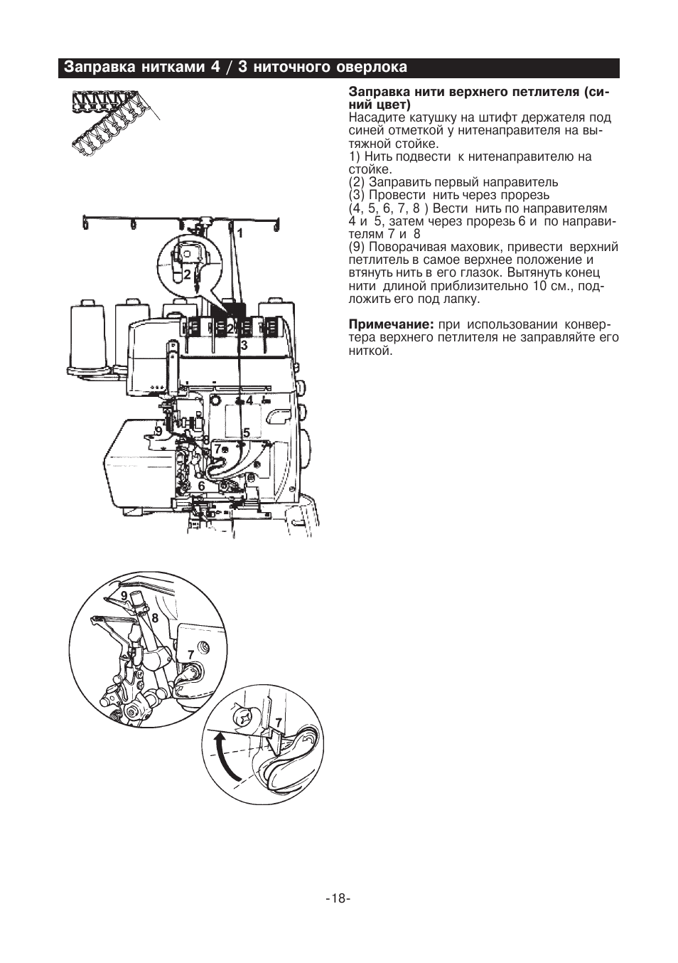 Заправка нитками 4 / 3 ниточного оверлока | Инструкция по эксплуатации Juki MO-735 | Страница 19 / 46