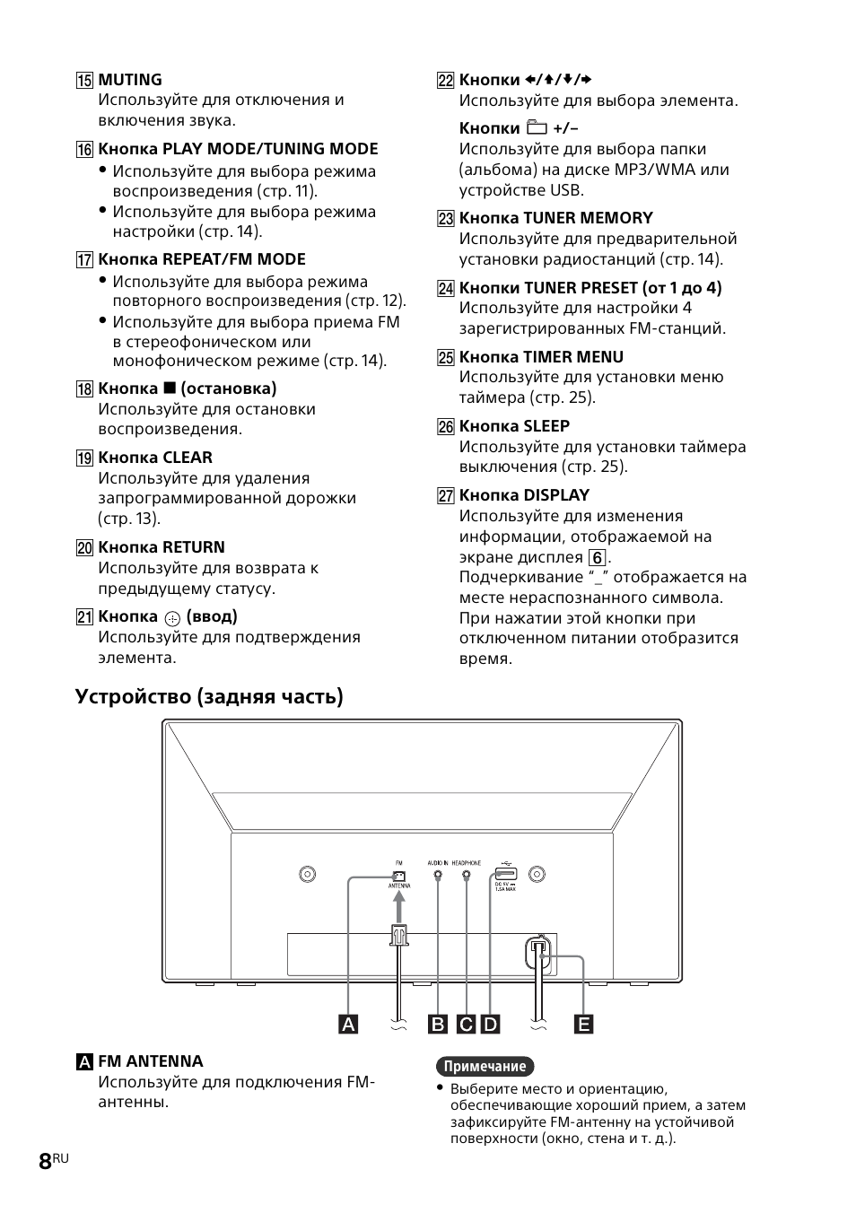 Устройство (задняя часть) | Инструкция по эксплуатации Sony CMT-X3CD | Страница 8 / 40