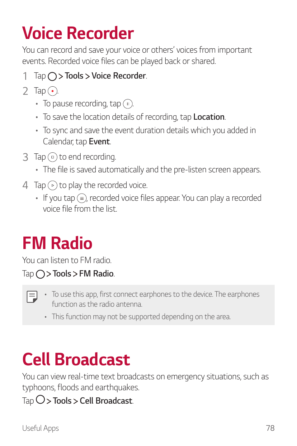 Voice recorder, Fm radio, Cell broadcast | 78 voice, Recorder, 78 fm, Radio, 78 cell, Broadcast | Инструкция по эксплуатации LG LGM320 X power 2 | Страница 451 / 493