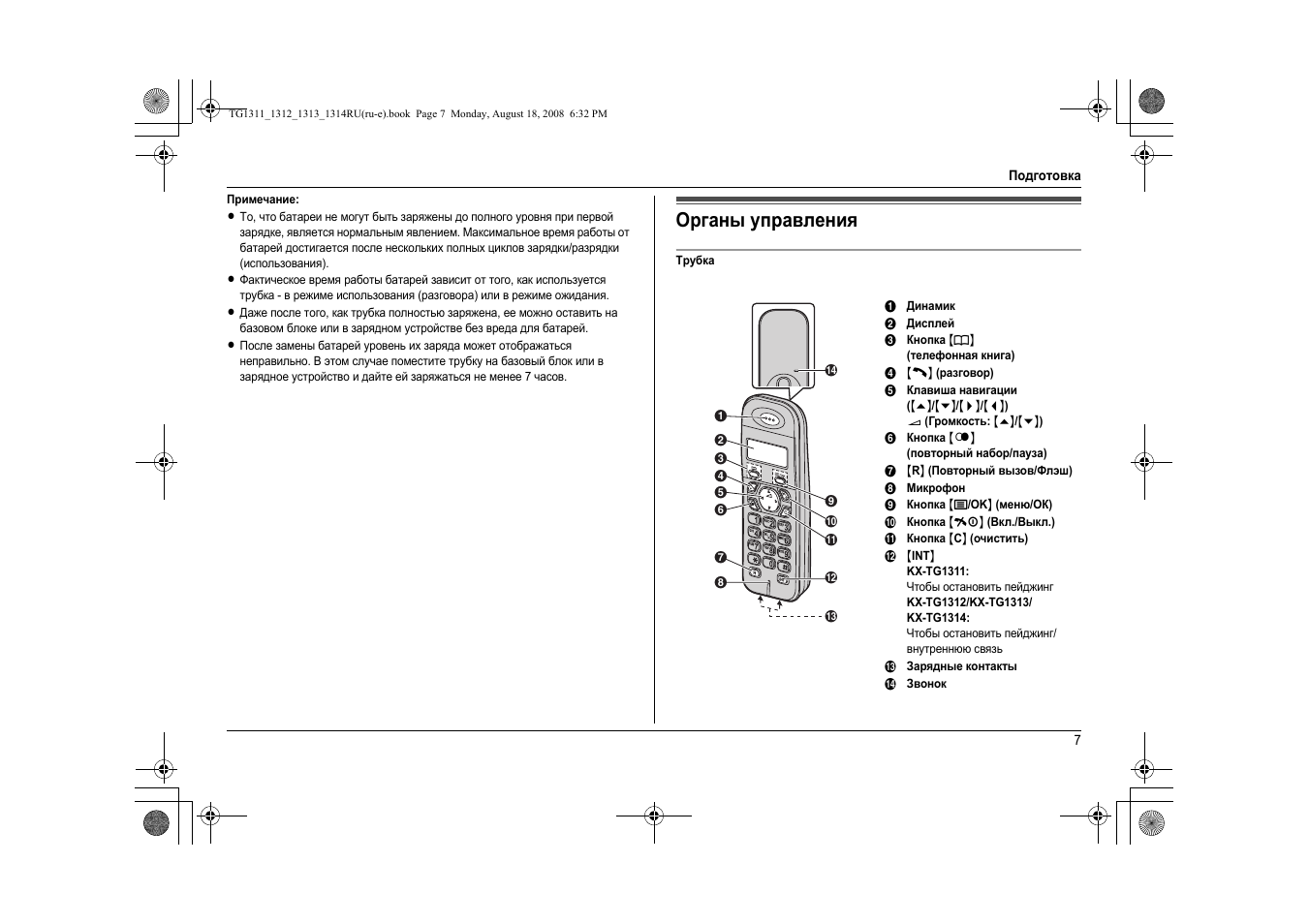 Органы управления | Инструкция по эксплуатации Panasonic KX-TG1312RU3 | Страница 7 / 28