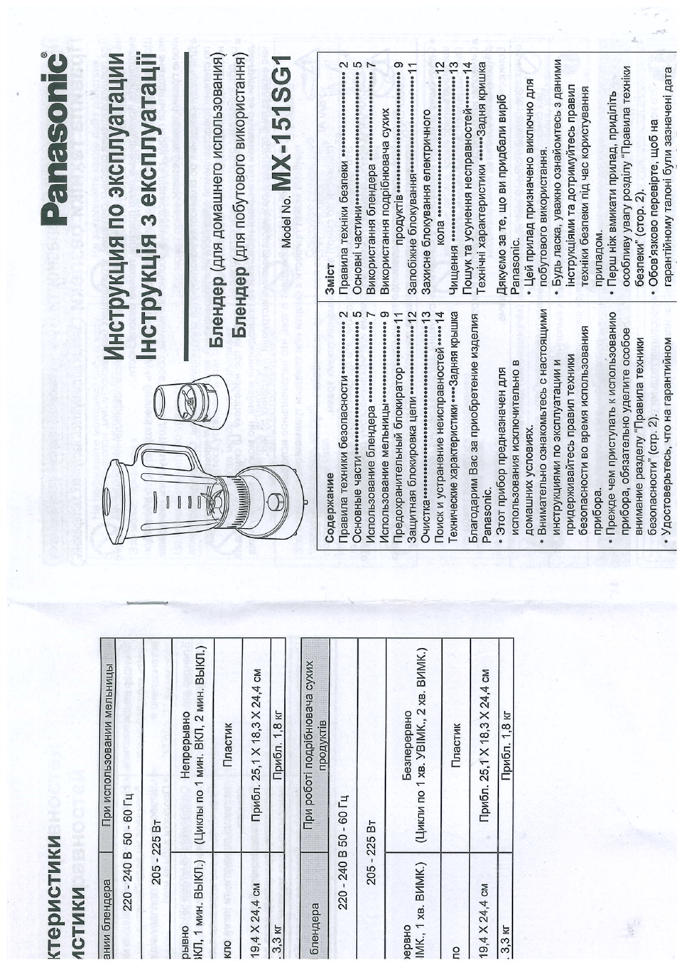 Инструкция по эксплуатации Panasonic MX-151SG1WTQ | 8 страниц