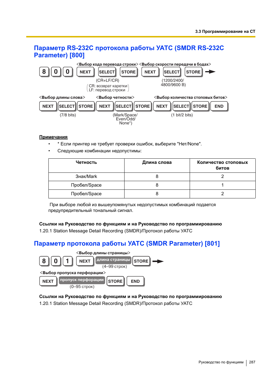 Параметр rs-232c протокола, Работы уатс (smdr rs-232c parameter) [800]) | Инструкция по эксплуатации Panasonic KX-TEA308RU | Страница 287 / 318